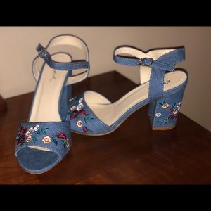 Denim and floral embroidered sandal